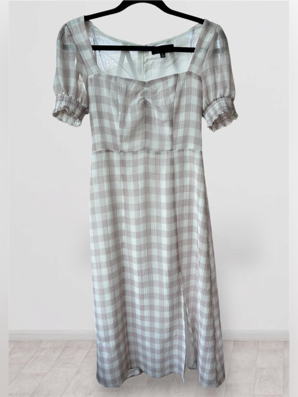 Lulus Pink Gingham Midi Dress with Puff Sleeves A line - Picture 2 of 7